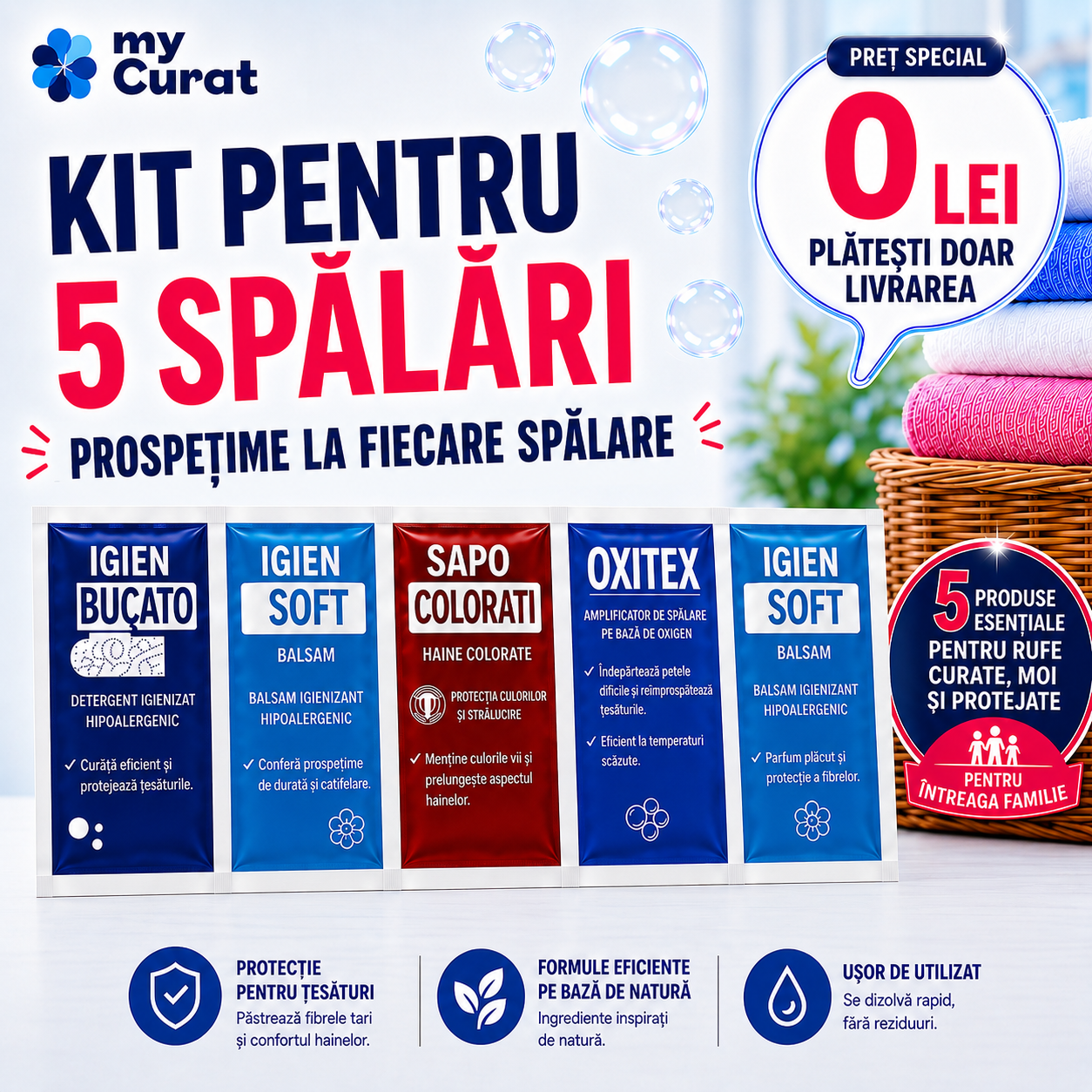 Kit de testare pentru 5 spălări(detergent,oxigen si balsam)Ideal sa l ai si in vacante!