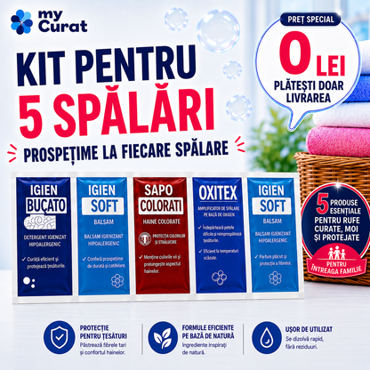Kit de testare pentru 5 spălări(detergent,oxigen si balsam)Ideal sa l ai si in vacante!