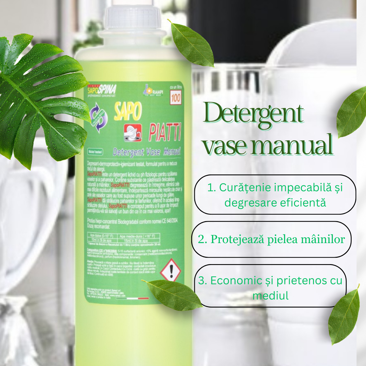 Detergent lichid vase, spălare manuală, 100 spălări, 1L